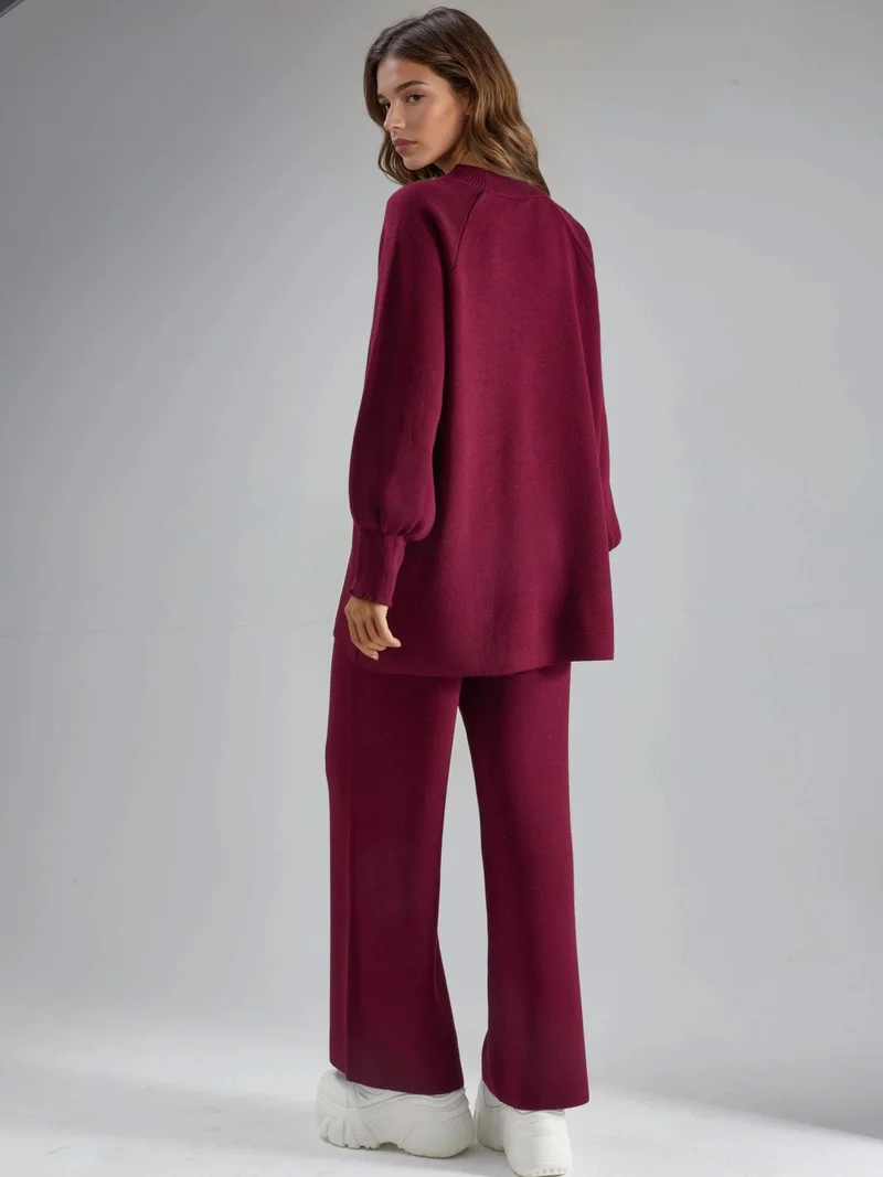 My Fashion Burgundy Red MY FASHION Loose Fit Sweater & Pants Knit Co-ord Set for Women | Best Price UAE